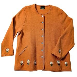 Vintage GEIGER Collections Cardigan Women 48 Austria Wool Flowers Orange Sweater